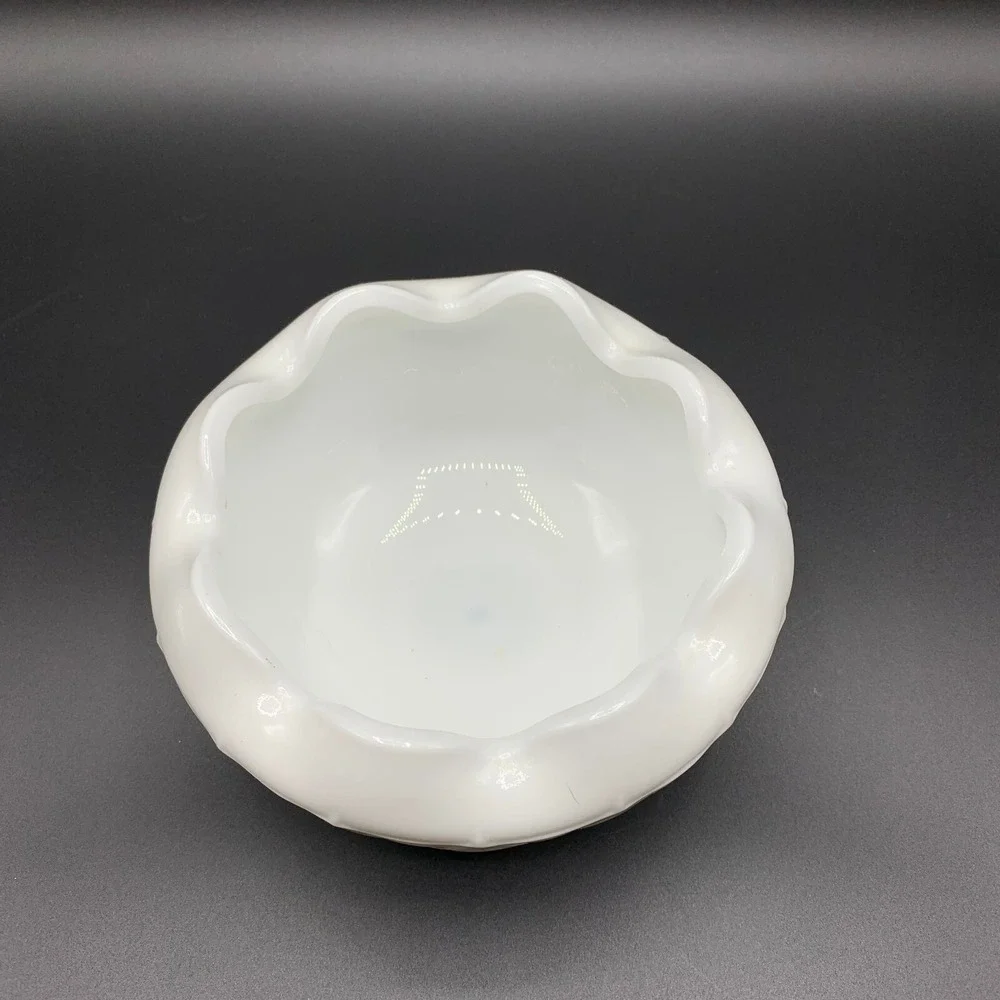 Indiana Rose Bowl White Milk Glass Duette Diamond Quilt Ruffle Edge Candy Dish